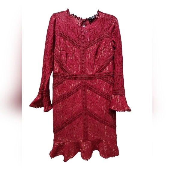 NWT Large Red Lace Ruffle Hem and Sleeves Party Midi Dress - Picture 1 of 7